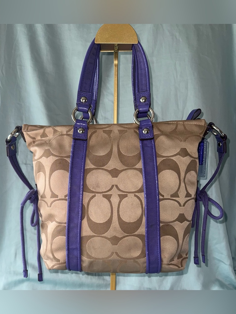 Coach F20101 Poppy Khaki and Purple Signature C Jacquard Canvas Satchel/Tote - Picture 2 of 15
